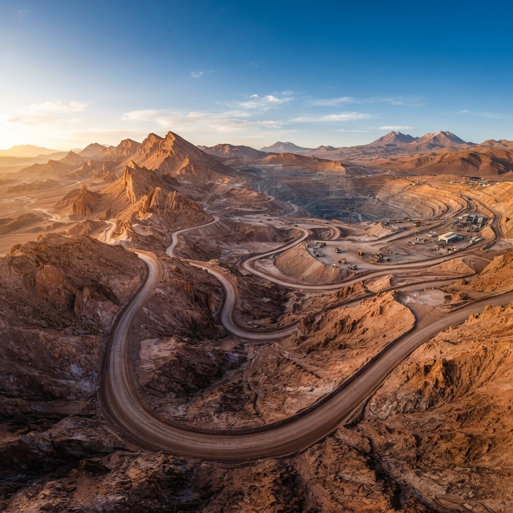 Vista aérea del desierto de Atacama con caminos mineros